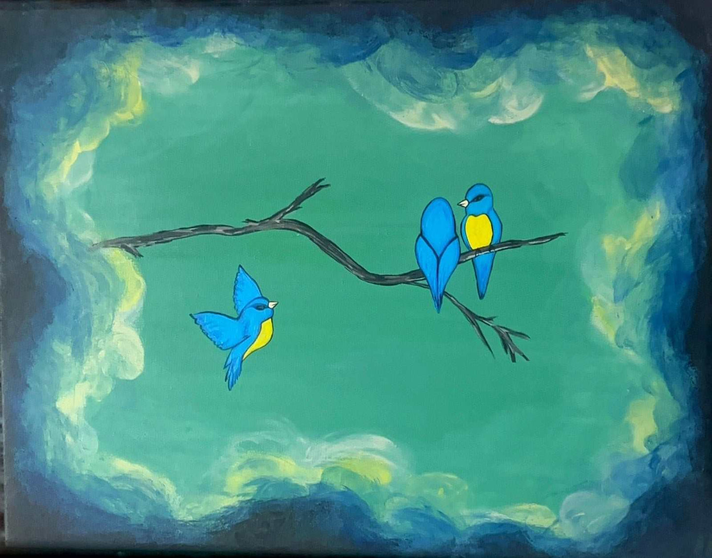 Acrylic painting of birds on canvas by Anna Huliaeva, 40x50cm.