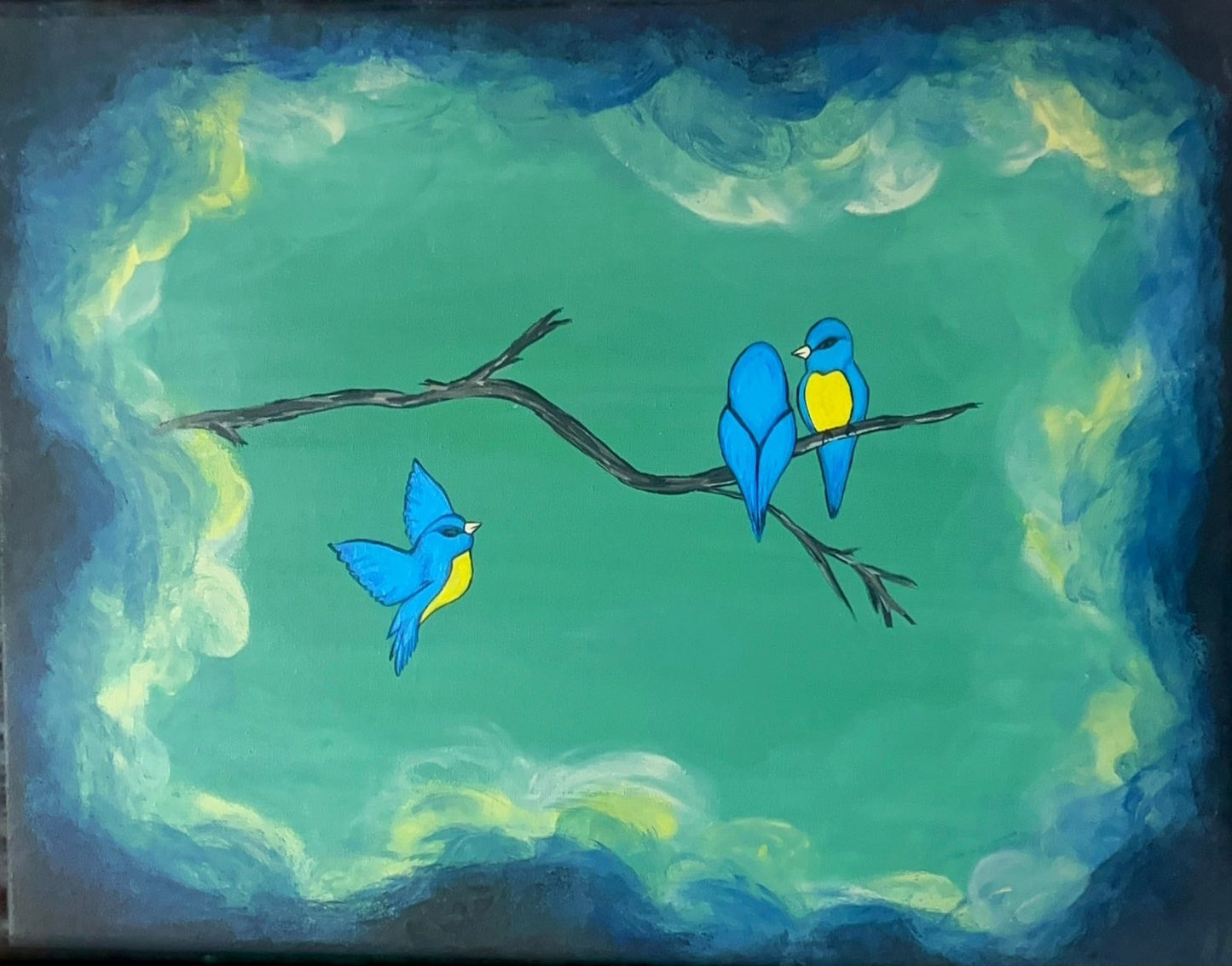 Acrylic painting of birds on canvas by Anna Huliaeva, 40x50cm.