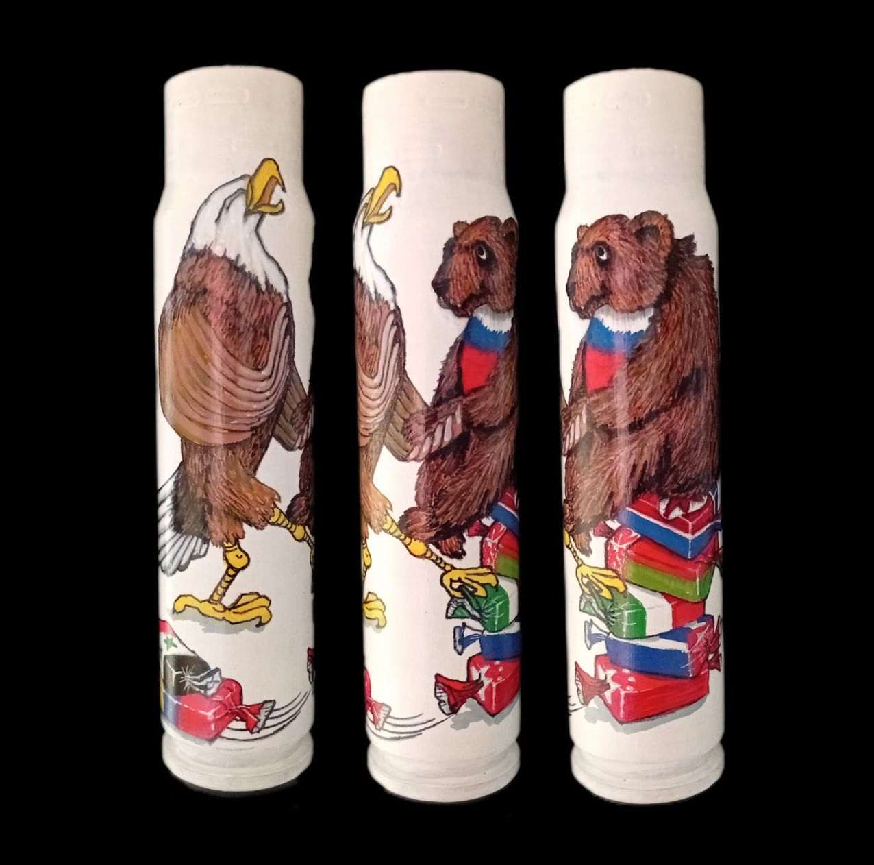 30mm exploded shell artwork titled Russia losing its Alies by Ukrainian artist Tanya Leonova