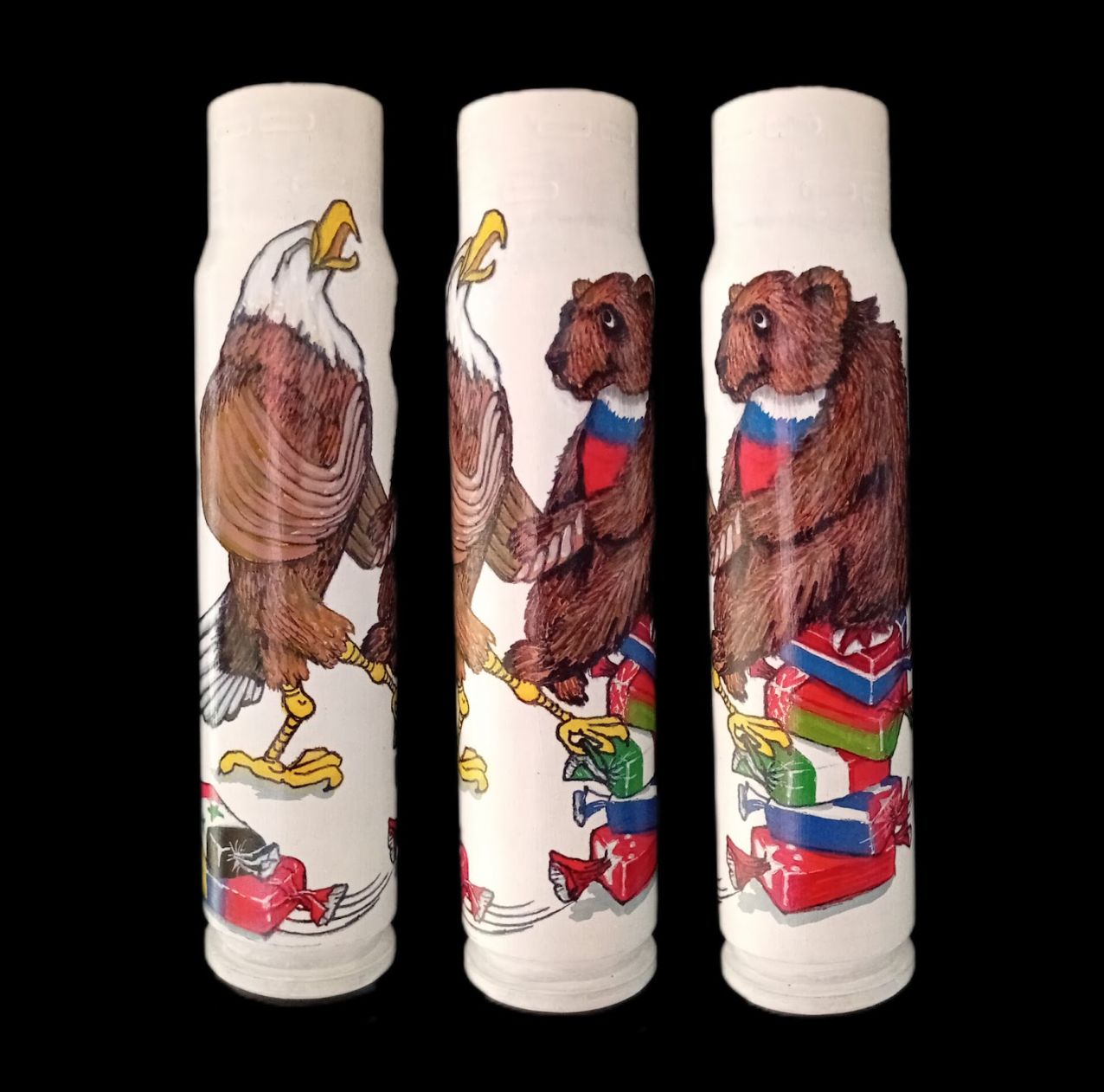 30mm exploded shell artwork titled Russia losing its Alies by Ukrainian artist Tanya Leonova