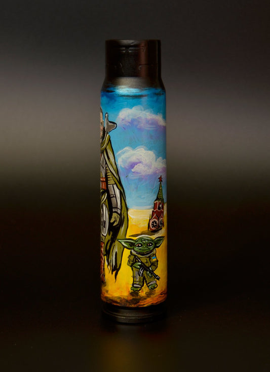 General Zaluzhnyi y Grogu dibujados en proyectil de 30 mm