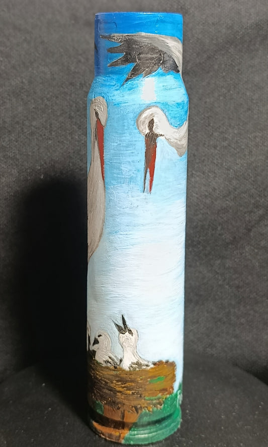 Stork family painted on 30mm shell (#729). Painted by Julia Seminoh. (1100 JS).