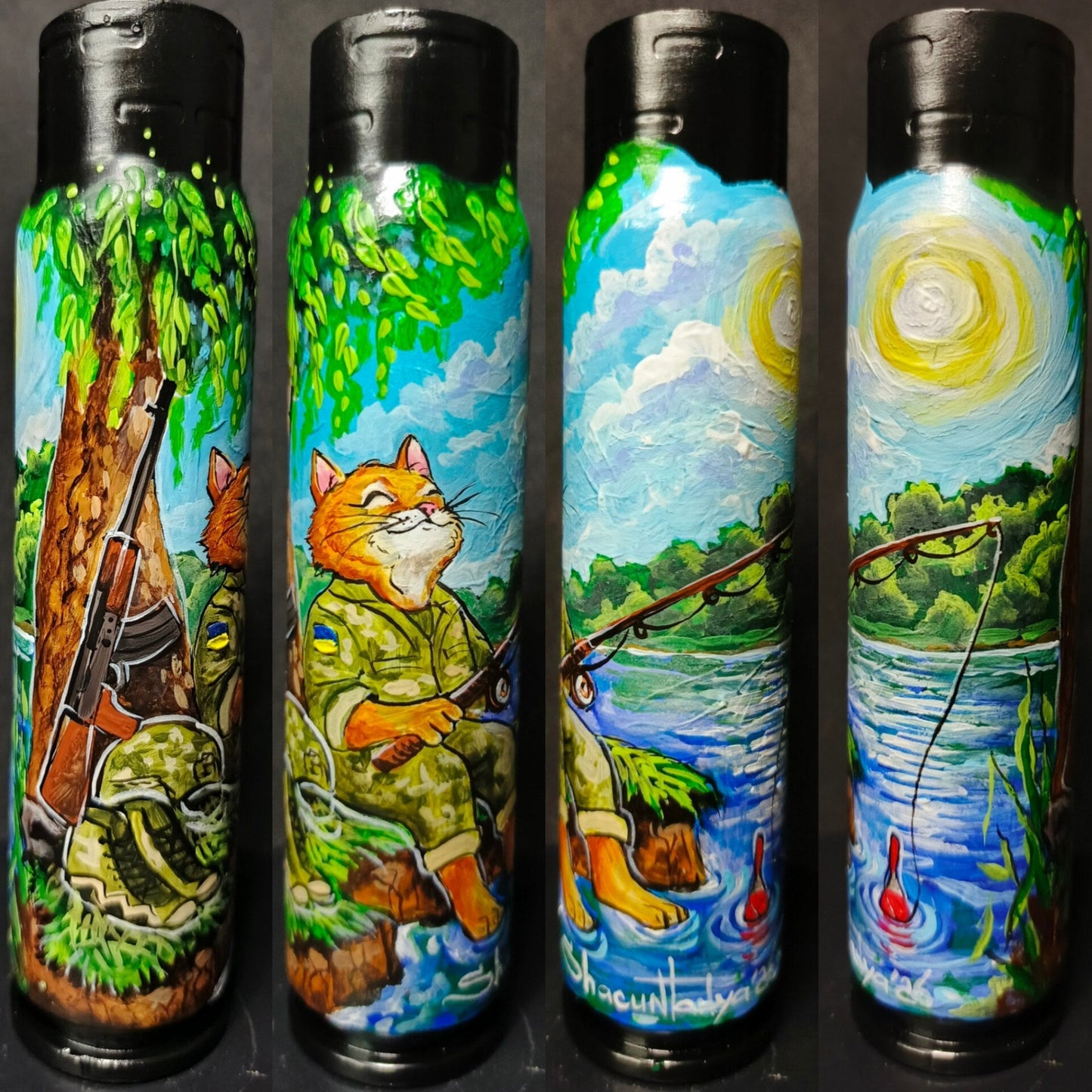 Painted 30mm exploded shell titled Break from War by Ukrainian artist Tanya Shacun