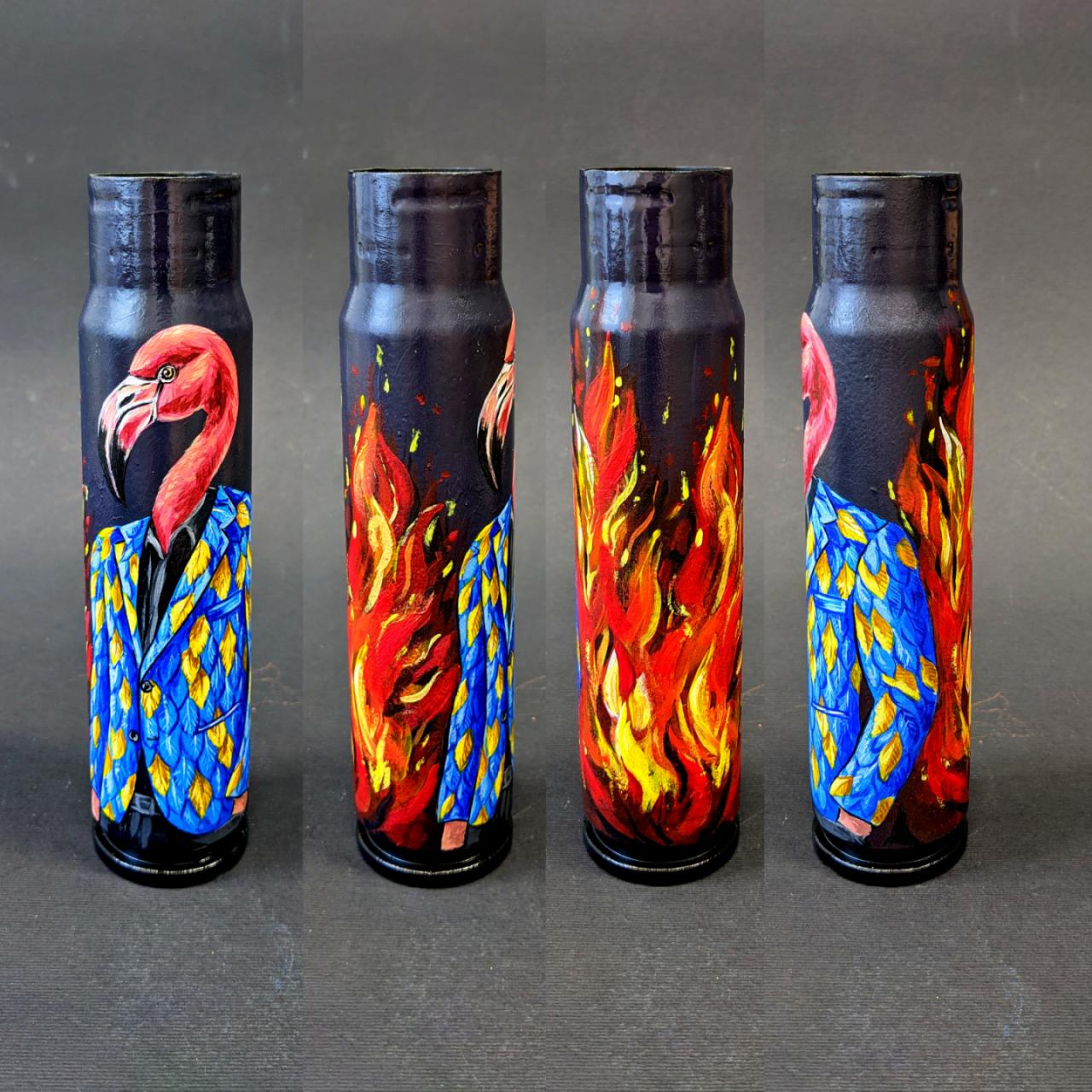 Burning Flamingo artwork painted on 30mm shell by Catherine Ruban