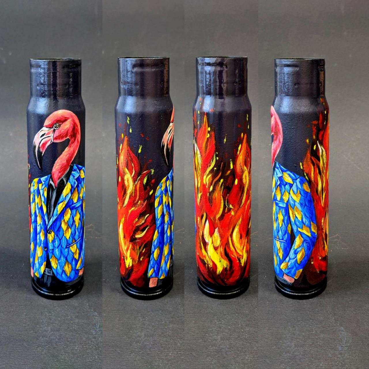 Burning Flamingo artwork painted on 30mm shell by Catherine Ruban