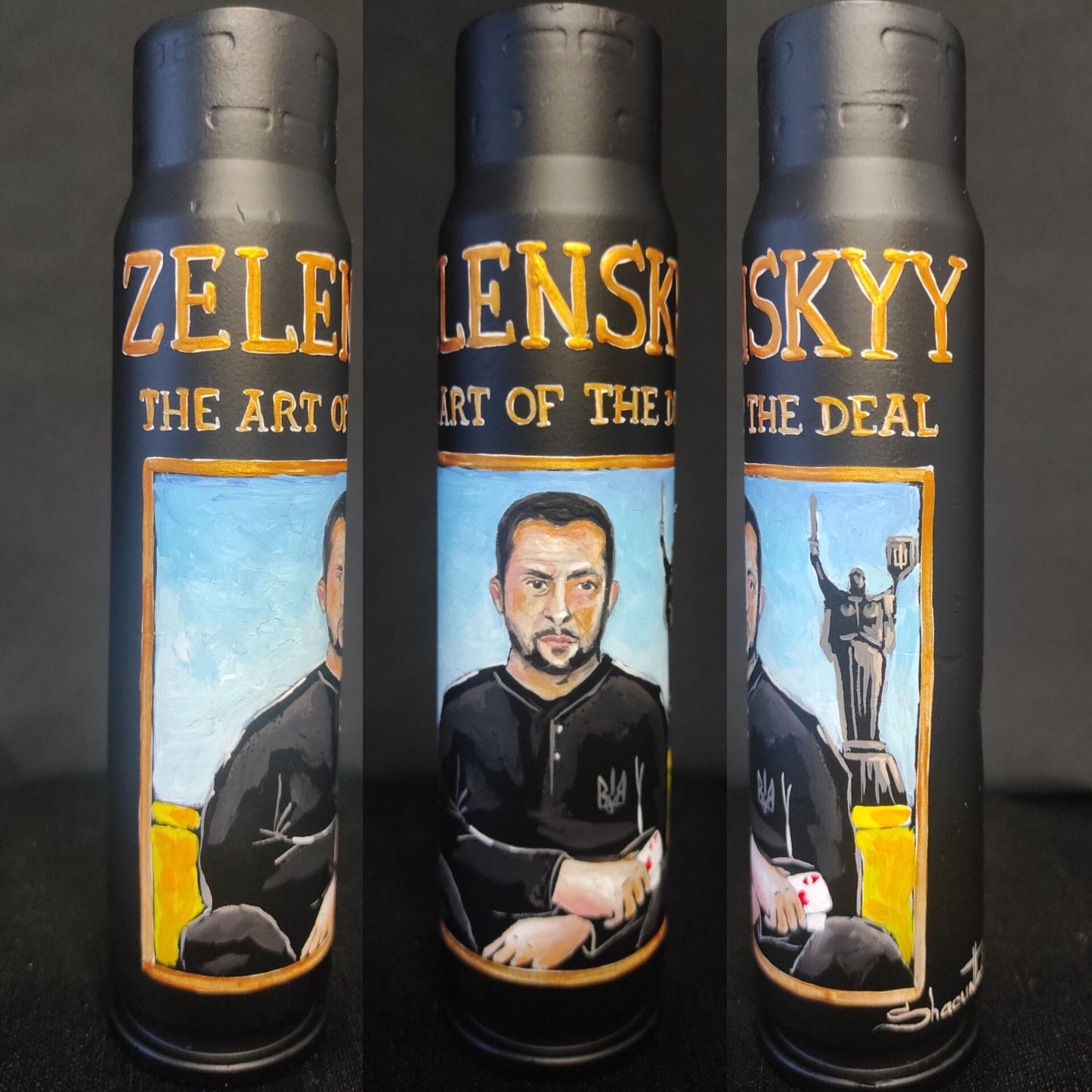Zelensky the art of the deal painted on 30mm shell by Tetana