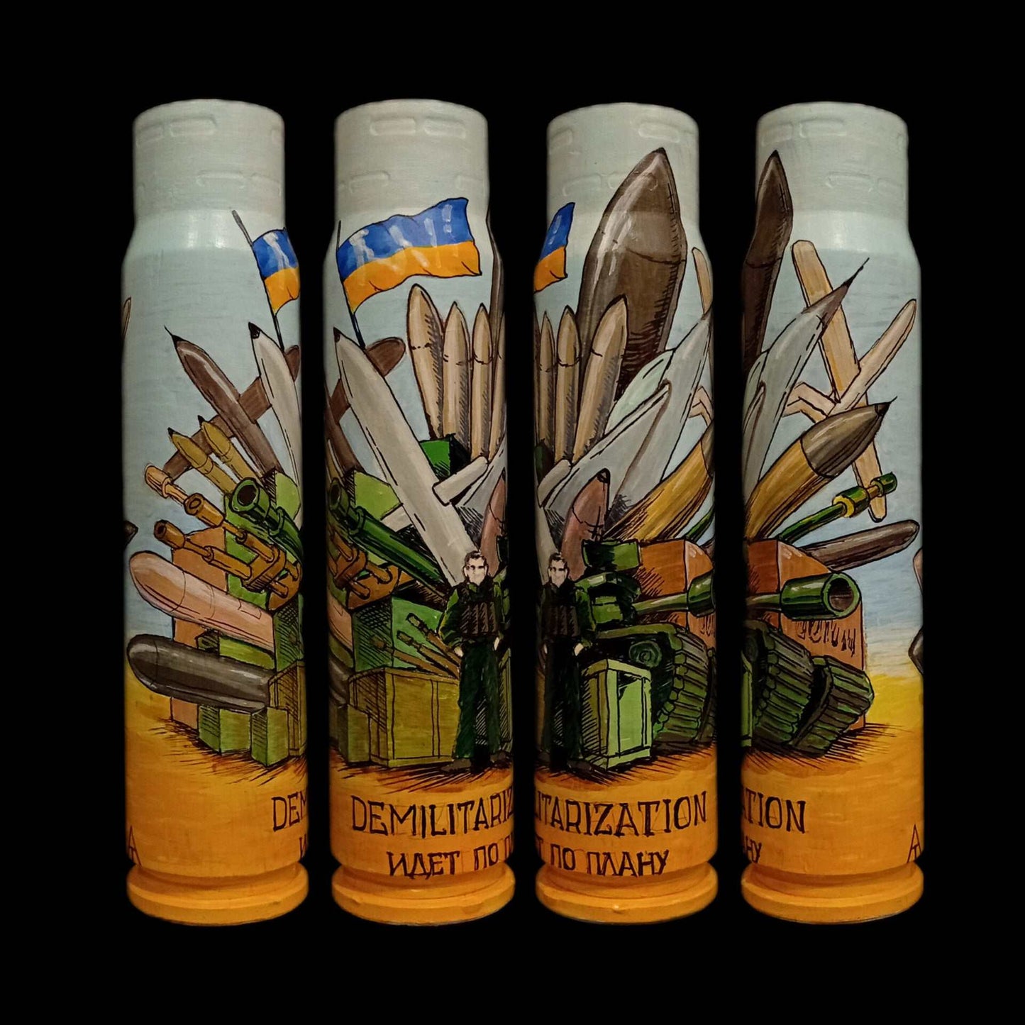 30mm exploded shell painted by Ukrainian artist Tanya Leonova titled Demilitarization according to plan with Russian orchestra singing focus