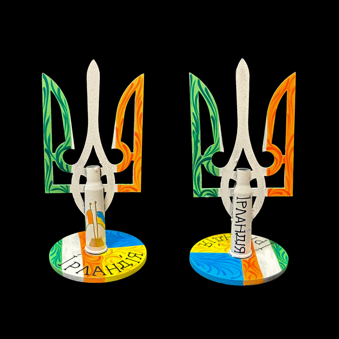 Tryzub with Irish flag painted and bullet cartridge, artwork by Anastasia Leonova