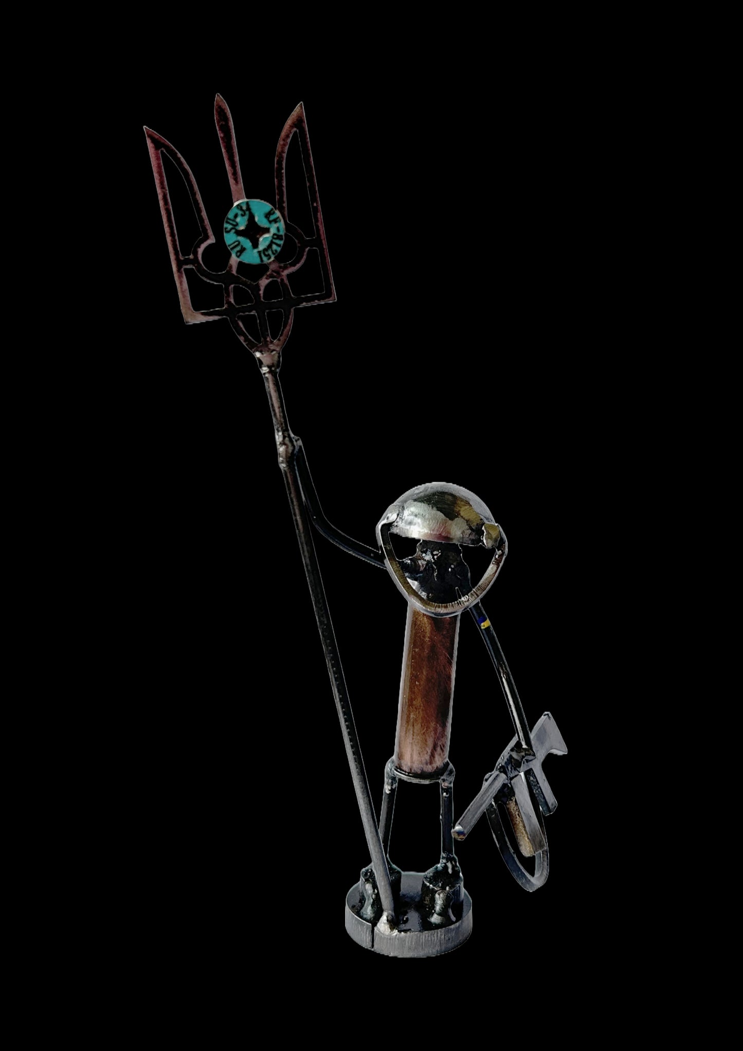 Mini-Soldier holding Tryzub with impaled screw from shot-down SU-34. (17cm tall).