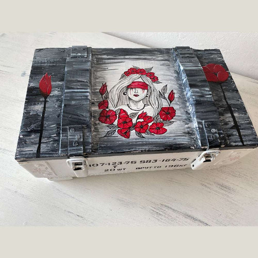 Ammunition box with Motanka drawing by Anna Huliaieva, 46x28x15cm