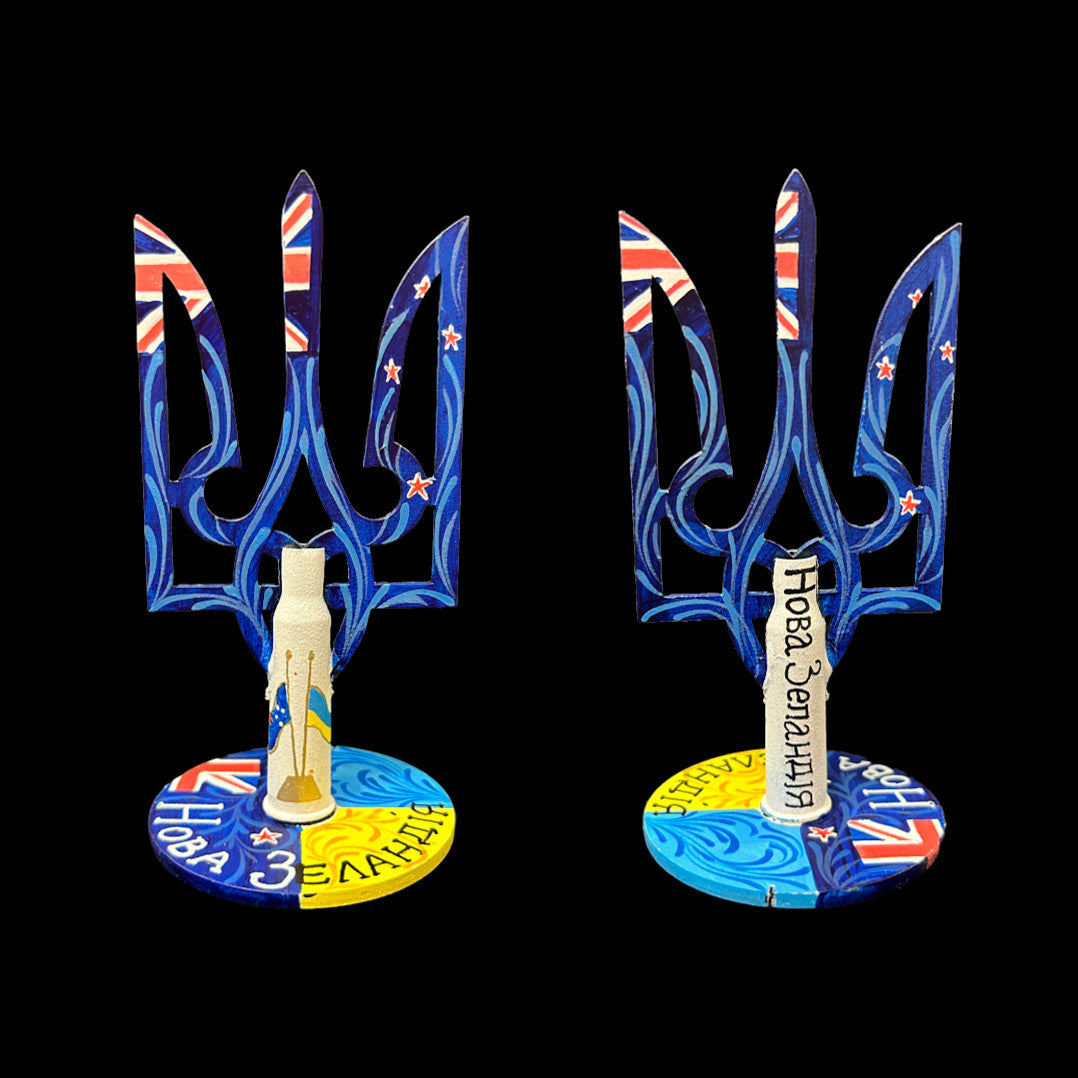 Tryzub with Kiwi flag painted, 13.5x6.5cm artwork with bullet cartridge by Anastasia Leonova