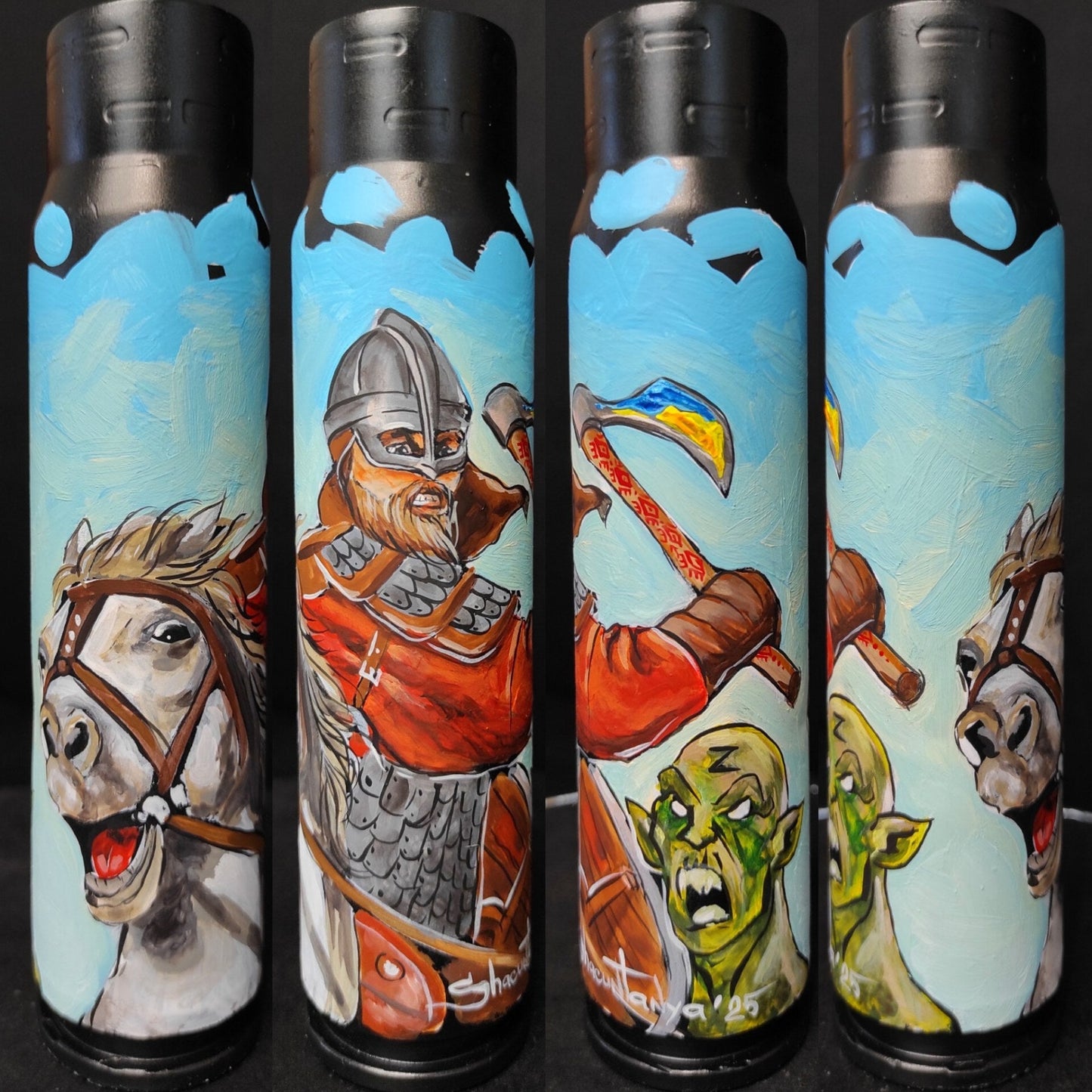 Miniature Riders of Rohan and ork painted on 30mm shell by Tanya Shacun
