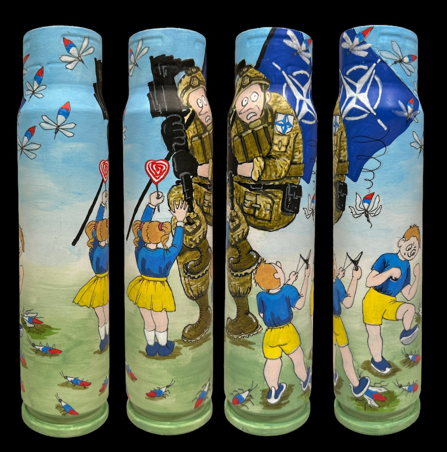 30mm shell painted by Ukrainian artist Tanya Leonova depicting Ukrainian children calming down uncle NATO