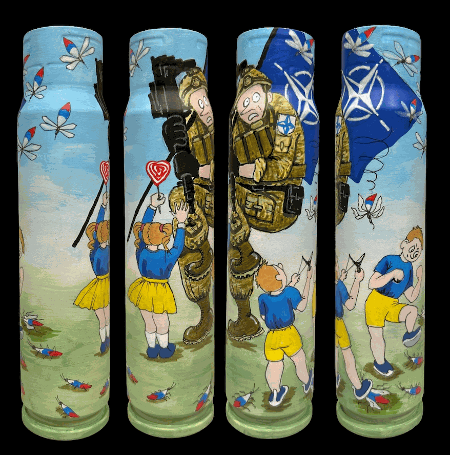 30mm shell painted by Ukrainian artist Tanya Leonova depicting Ukrainian children calming down uncle NATO
