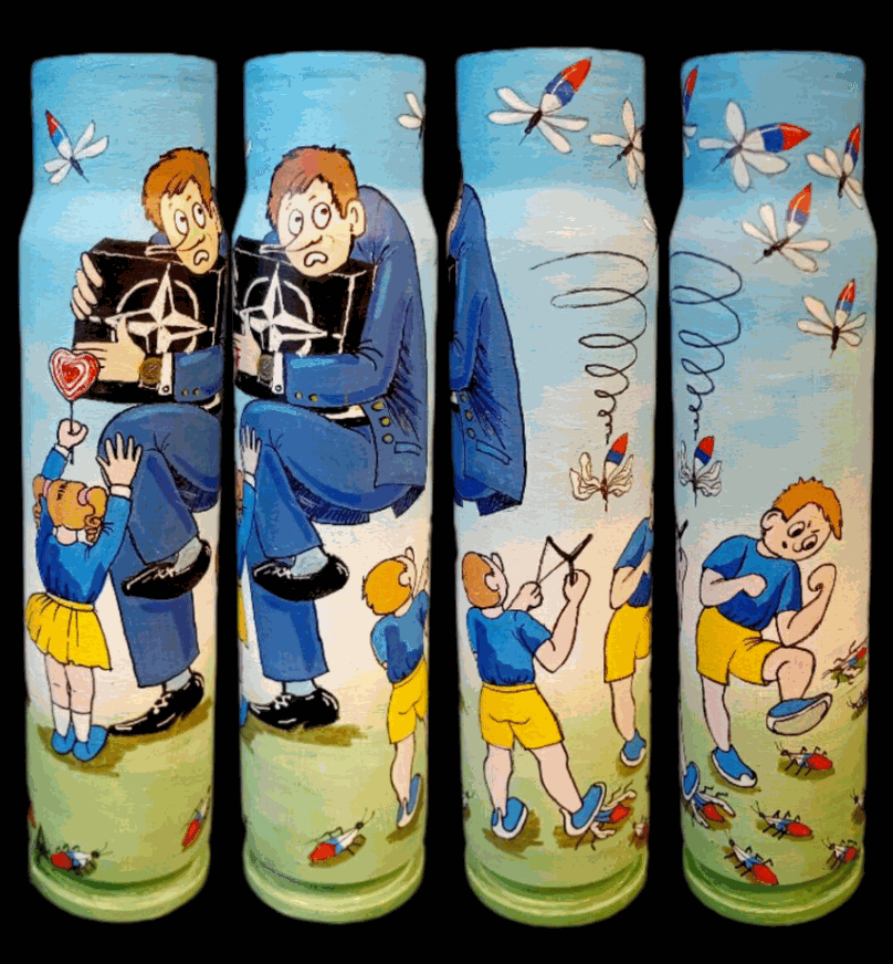 30mm shell painted with Ukrainian children calming down uncle NATO by Tanya Leonova
