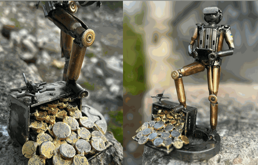 Sculpture of Ukrainian soldier with flag operating FPV drone earning points for kills, made from frontline shells, 27cm tall