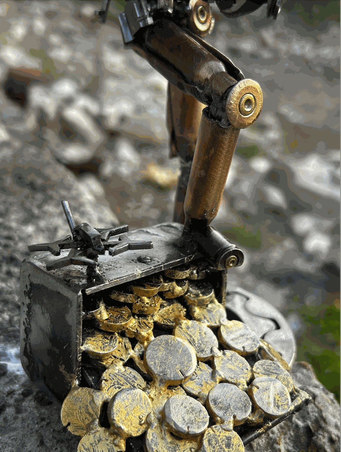 Sculpture of Ukrainian Soldier with flag operating FPV drone earning kill points, made from frontline shells, 27cm tall