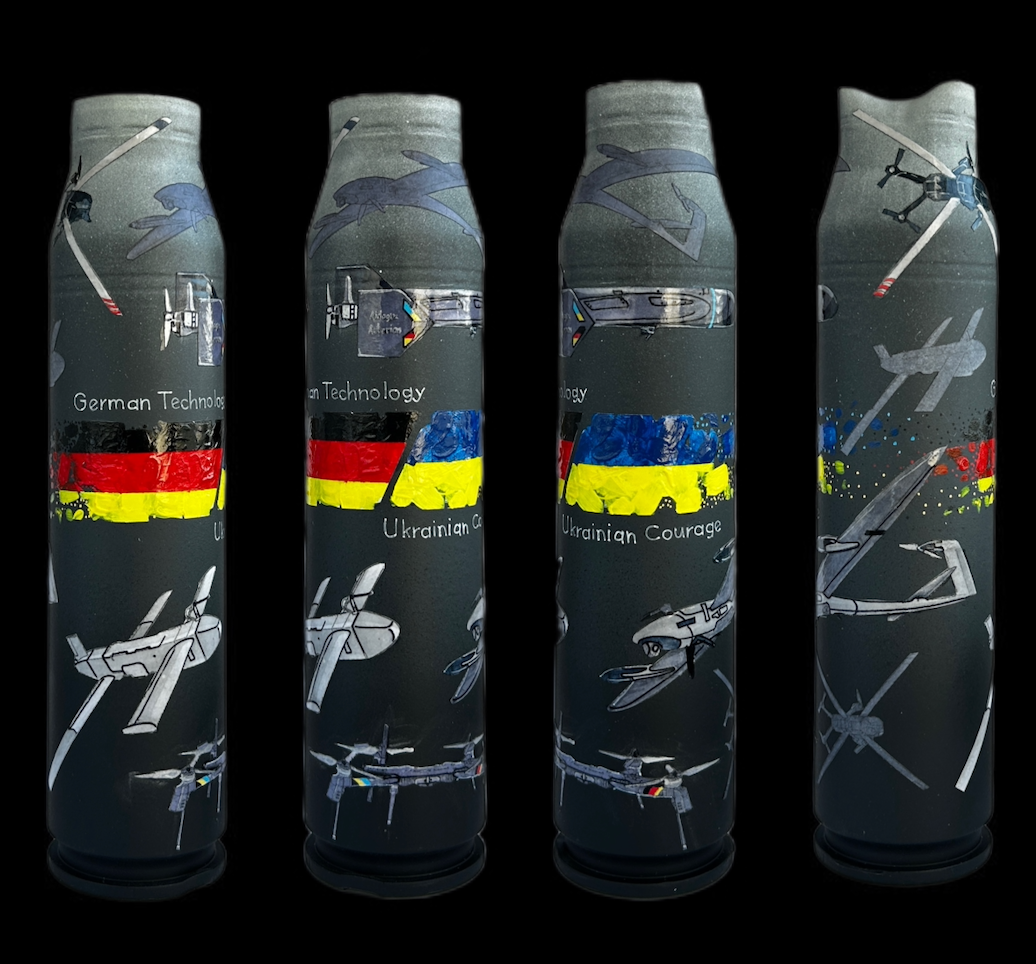 Gepard shell painted with German-made drones artwork by Ukrainian artist Anastasia