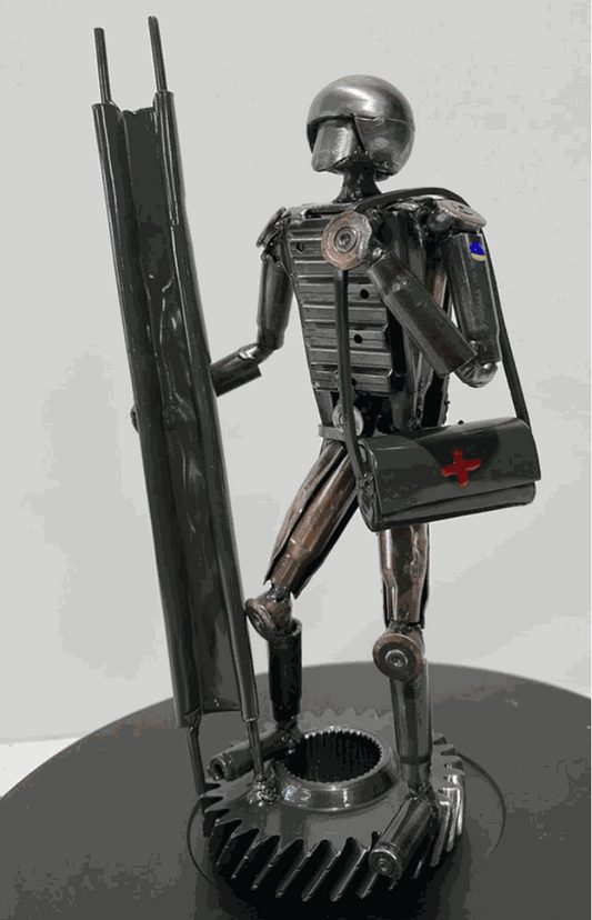 Sculpture of Ukrainian Medic made from frontline shells, 27cm, by Hisoshi Art Studio