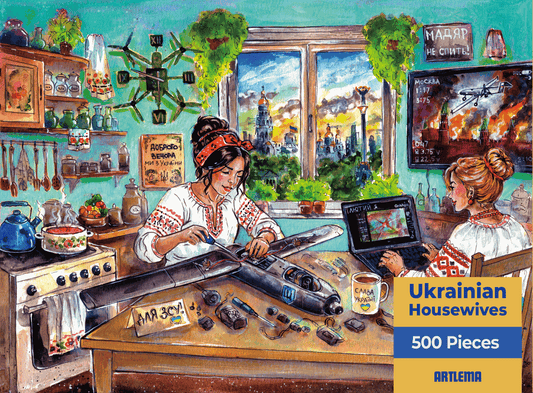 Ukrainian Housewives 500-piece jigsaw puzzle artwork inspired by drone assembly housewives