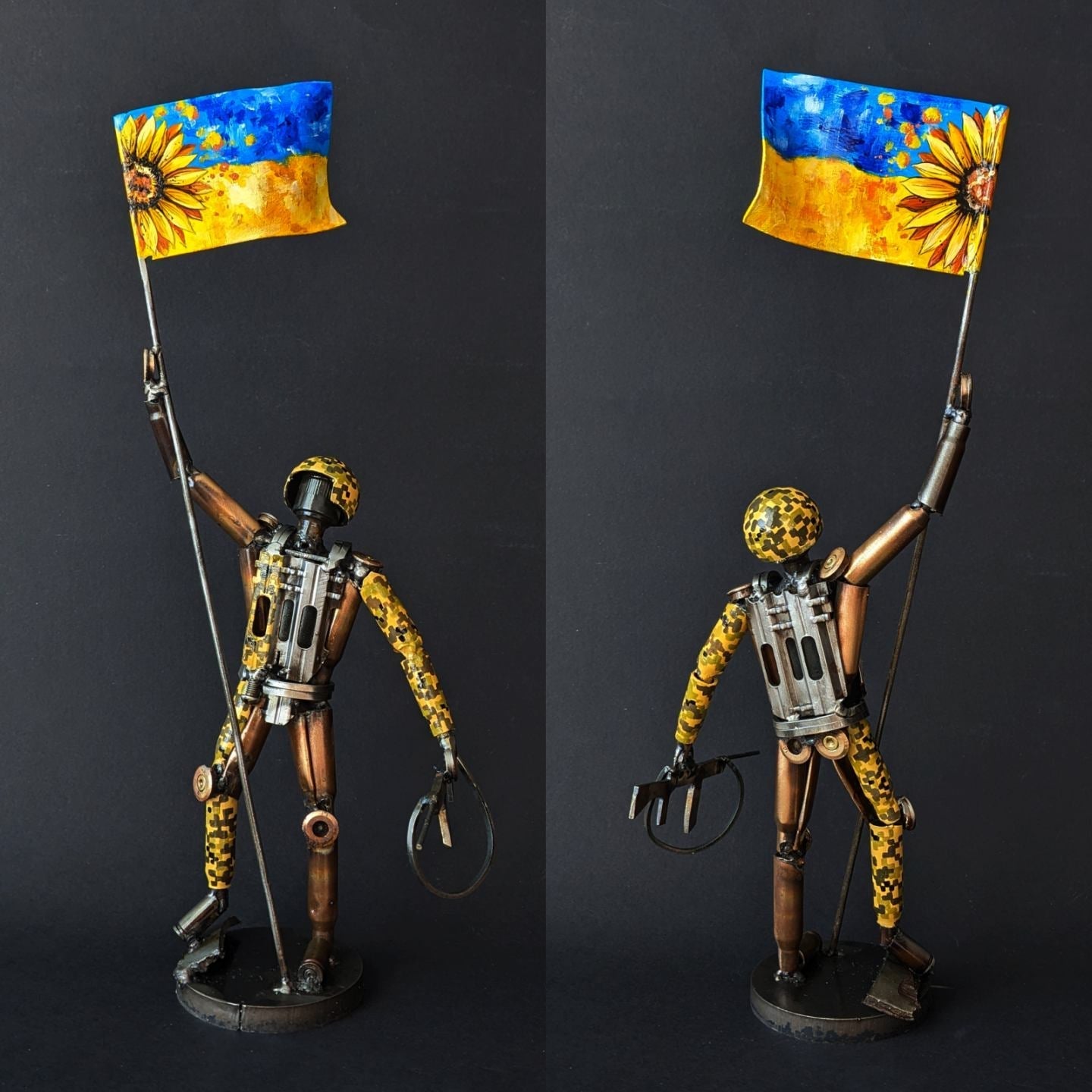 Sculpture of Ukrainian soldier holding flag made from frontline shells, 27cm tall