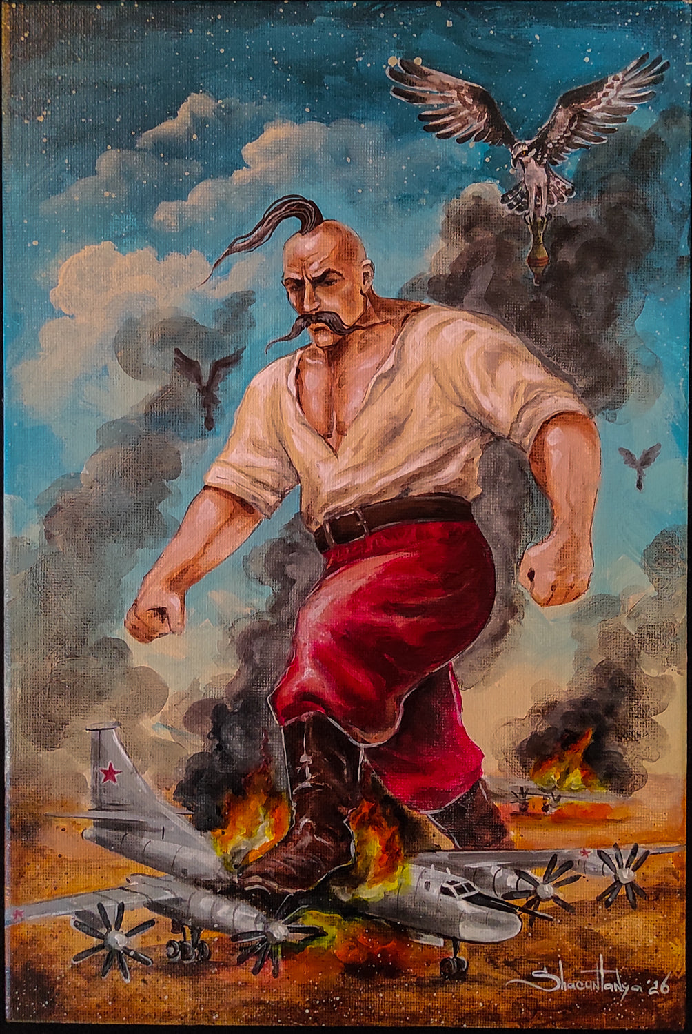 Kozak painted on canvas 20x30 cm artwork by Tanya Shacun