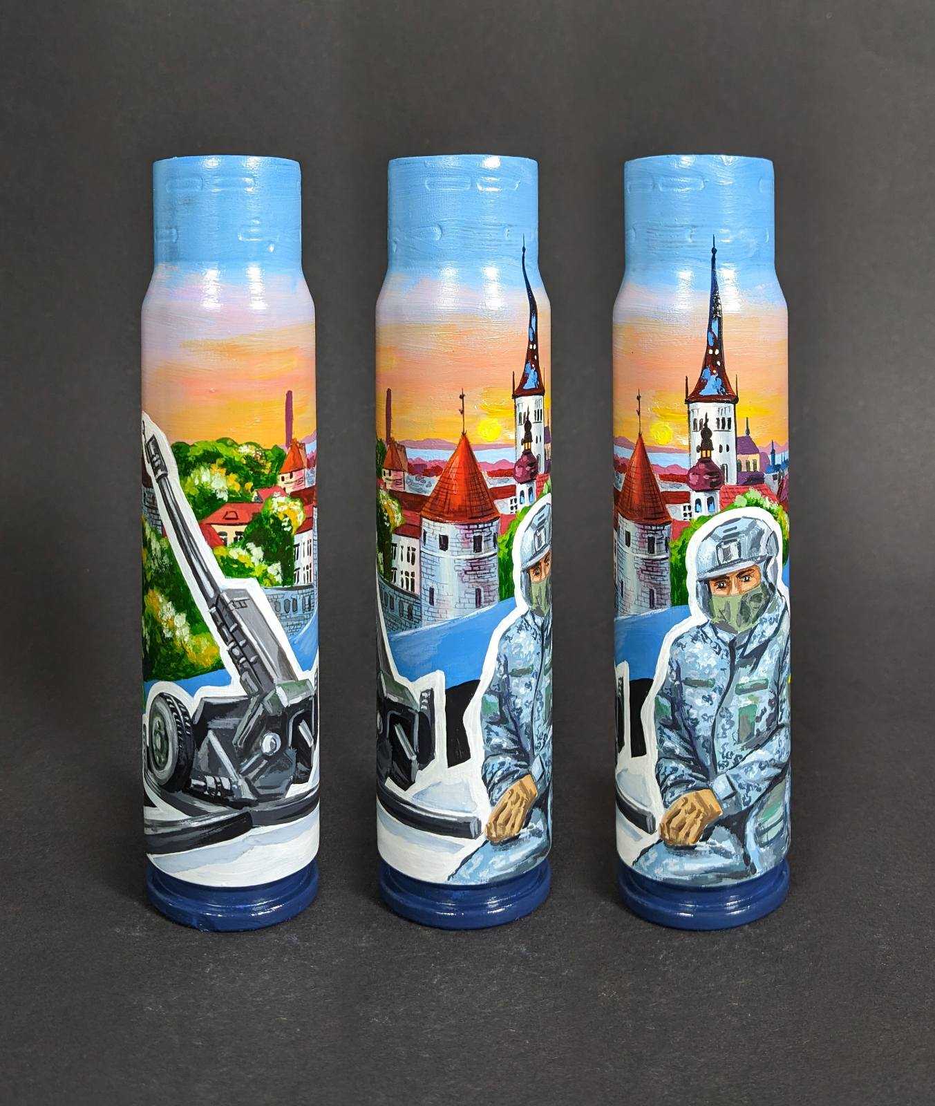 Thank you Estonia 30mm shell artwork painted by Catherine Ruban, 16.5cm tall