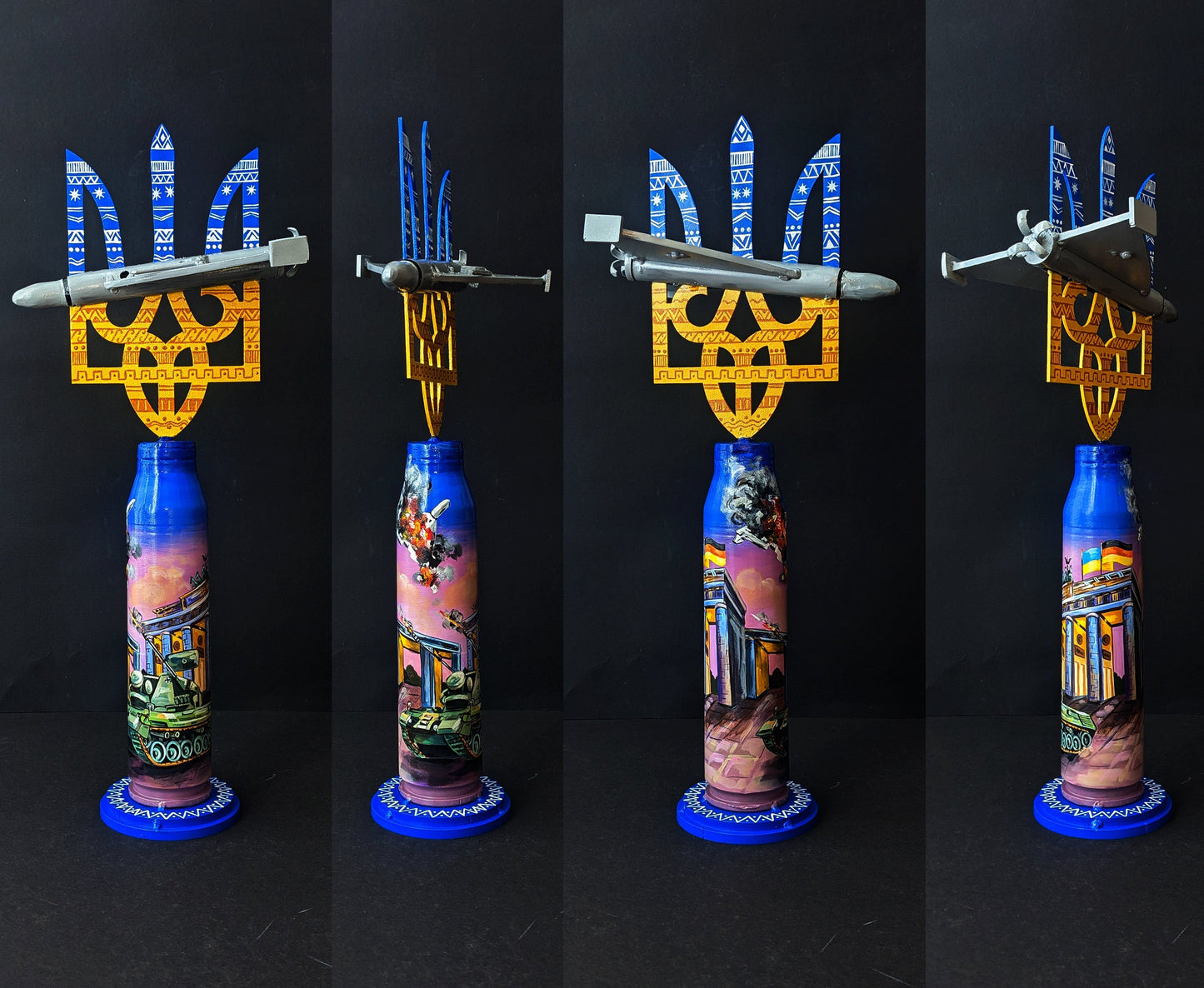 Shahed drone impaled on Tryzub emblem standing on a Gepard shell, artwork representing Germany.