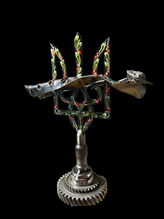 Engraved piece of SU-34 with russian tricolors impaled on large tryzub (32cm).