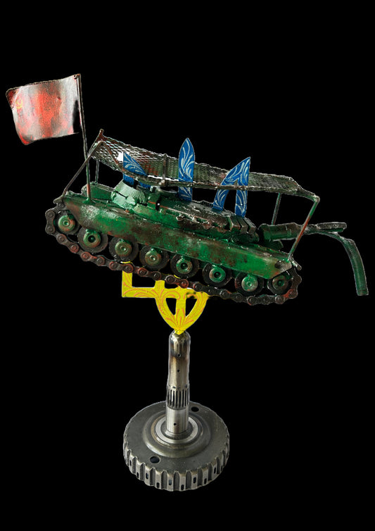 Destroyed russian tank with Soviet flag, impaled on Tryzub. (39x34cm)