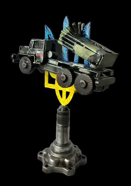 Destroyed Grad rocket launcher impaled on 33cm Tryzub sculpture by Hisoshi Art Studio