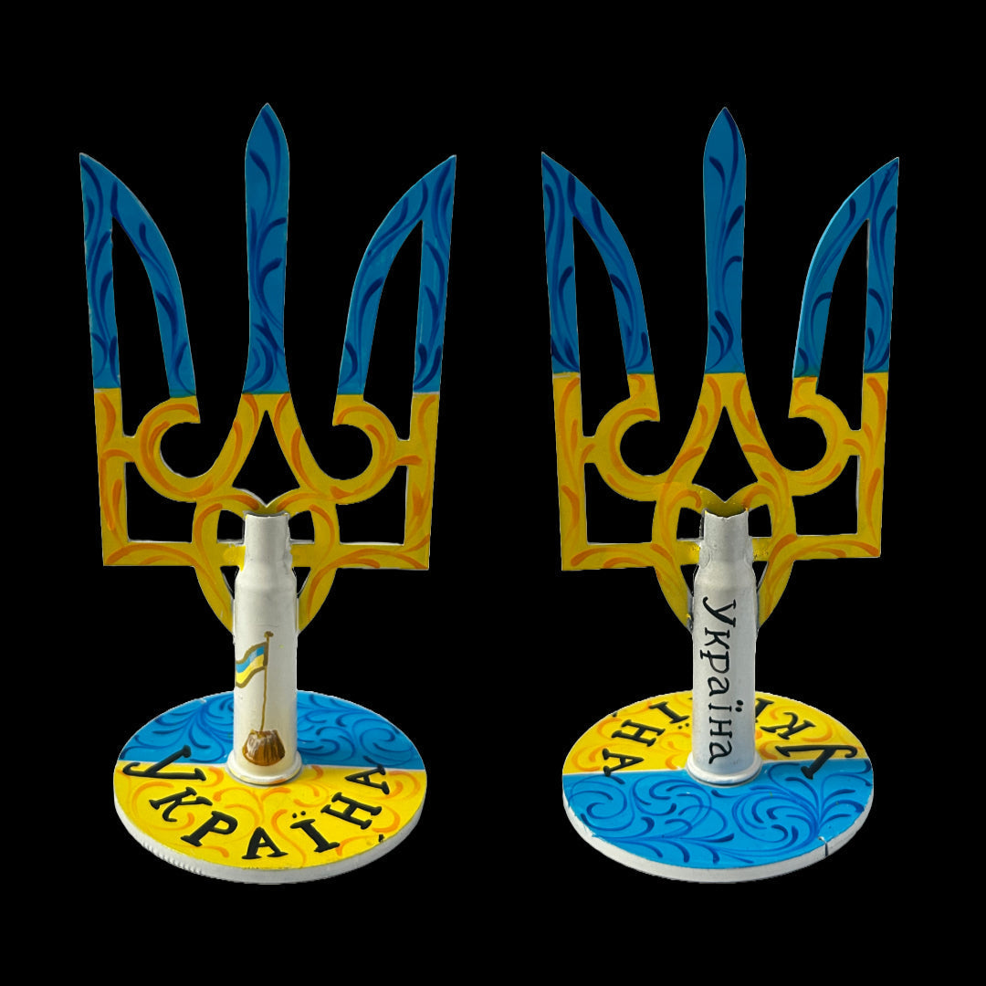 Small Tryzub painted with Ukraine Ukrainian flag and bullet cartridge by artist Anastasia Leonova