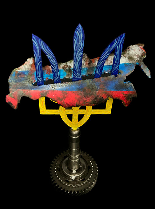 Map of Russia cut from grad rocket impaled on Tryzub artwork by Hisoshi Art Studio