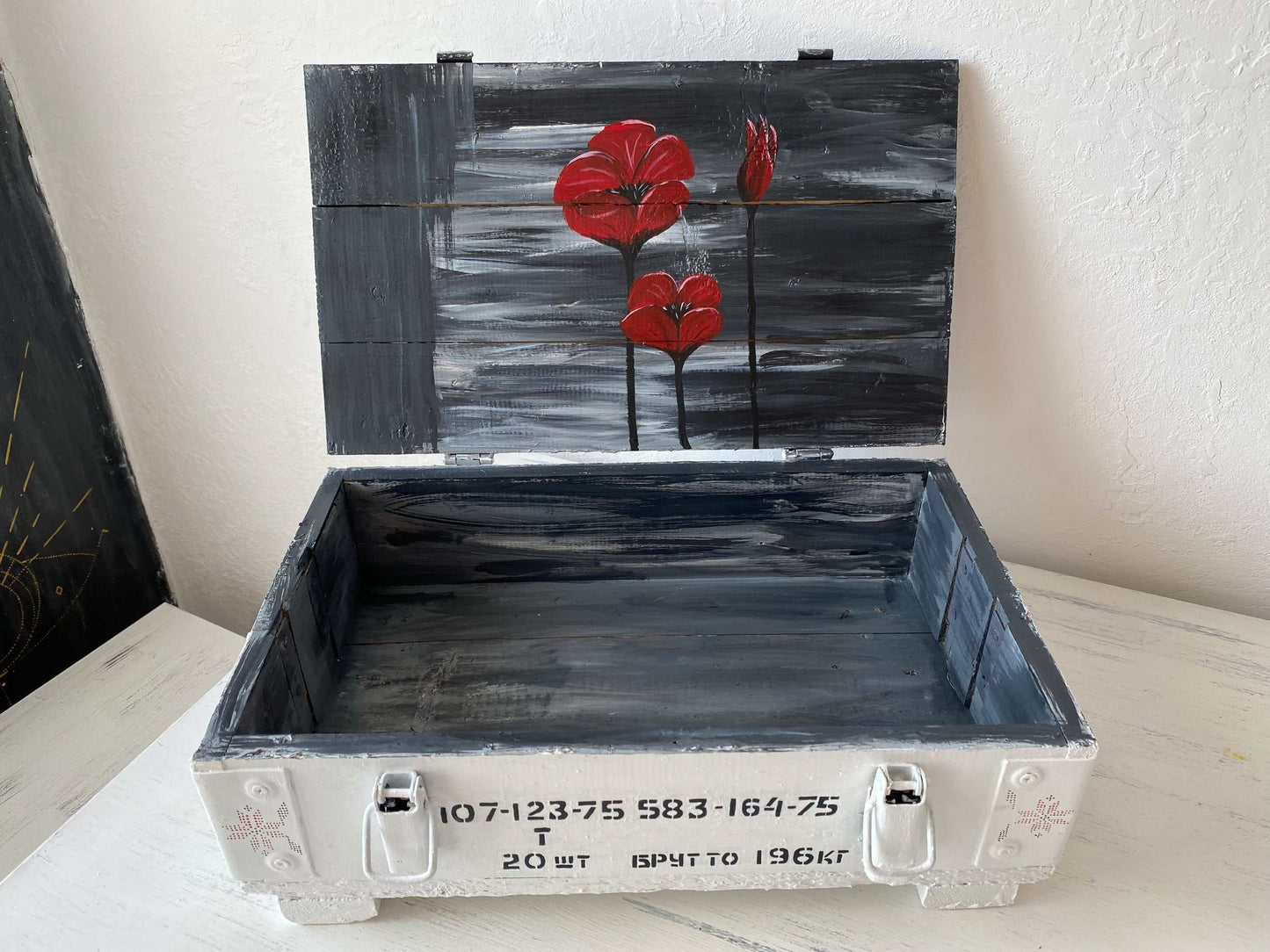 Ammunition box decorated with Motanka drawing by Anna Huliaieva, 46x28x15cm
