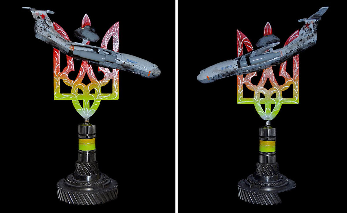 Downed A50 early warning aircraft model impaled on 36cm Tryzub sculpture by Hisoshi Art Studio