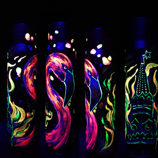 Fluorescent painted 30mm shell depicting flamingo burning down Red Square by Tanya Shacun
