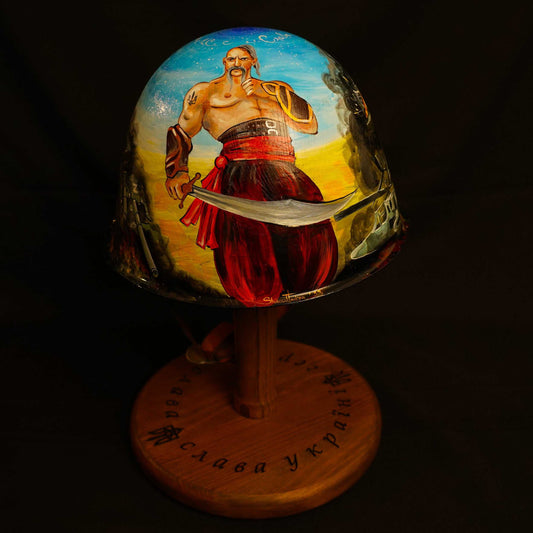 Helmet featuring indomitable Cossack spirit with carved "Z" and Ukrainian soldier artwork