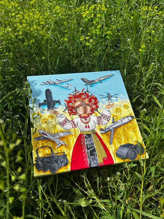 Motanka artwork on canvas featuring a map of Ukrainian-made drones by Anastasia Leonova