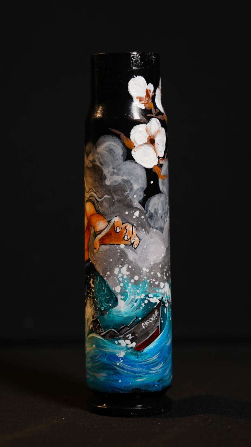 Neptune Roman god of the sea sinking Moskva Cruiser drawn on 30mm shell by Tanya Shacun