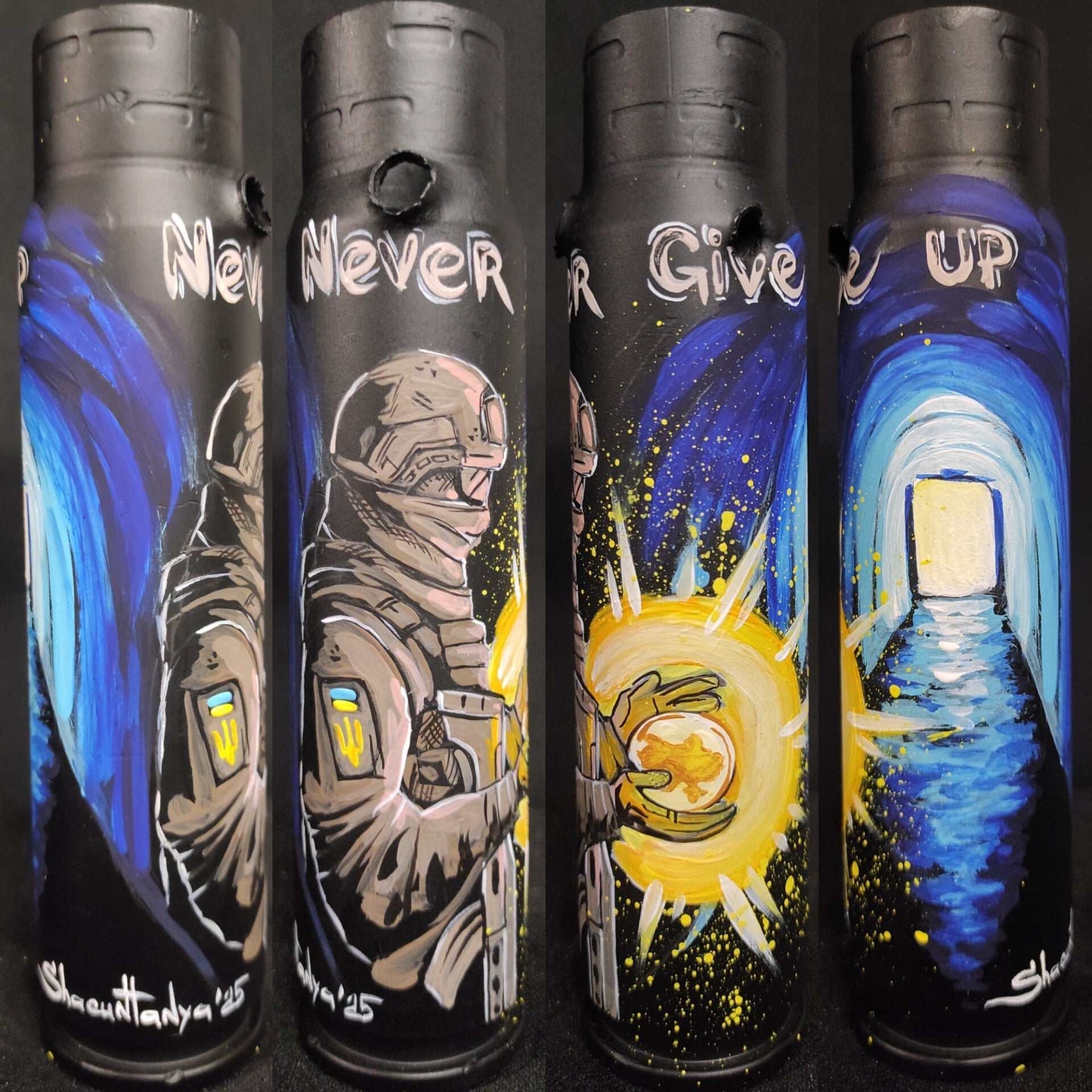 Never Give Up painted on 30mm shell war artwork by Tetana