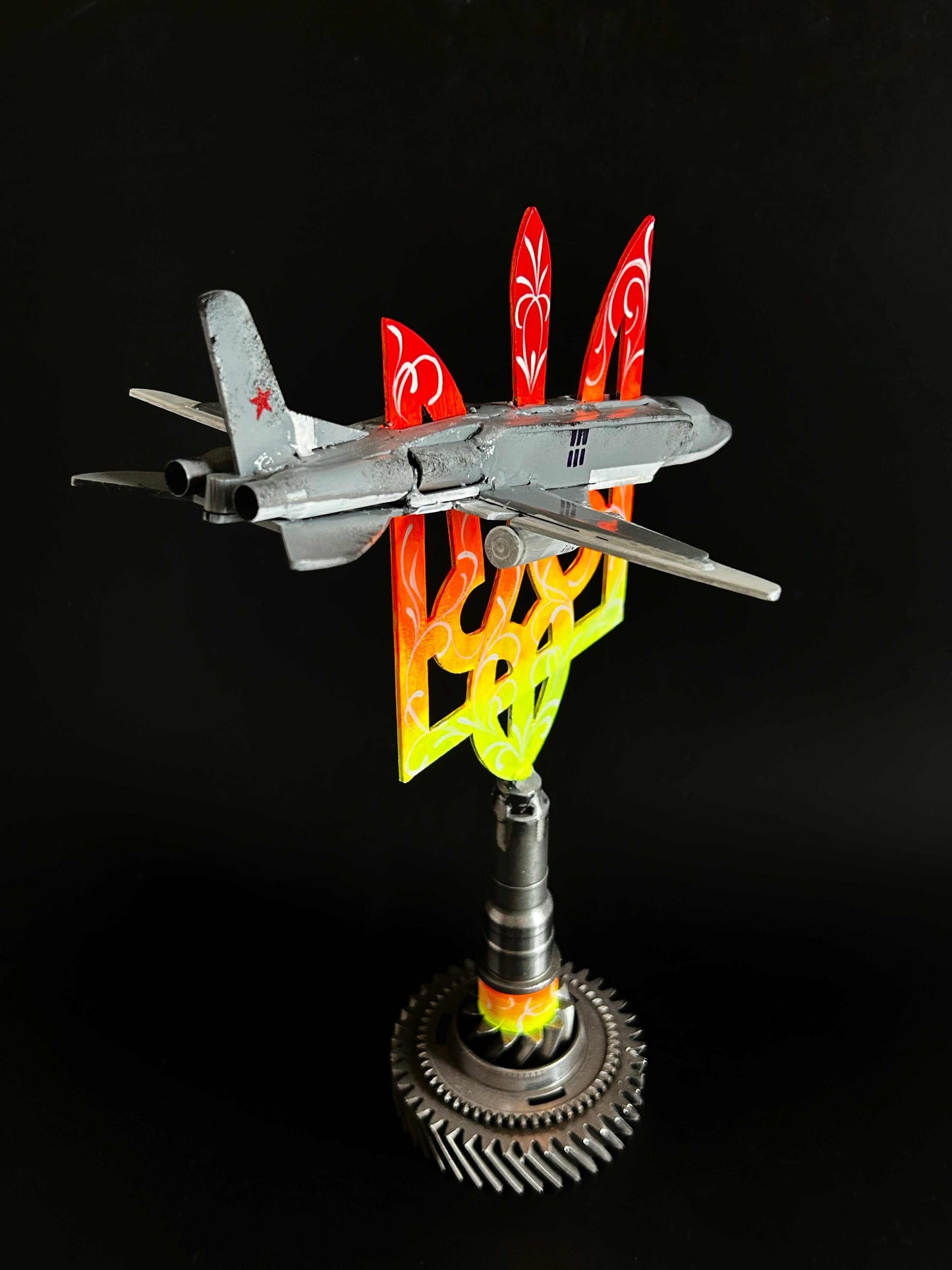 Occupant's downed TU22M3 aircraft impaled on 38cm Tryzub sculpture by Hisoshi Art Studio