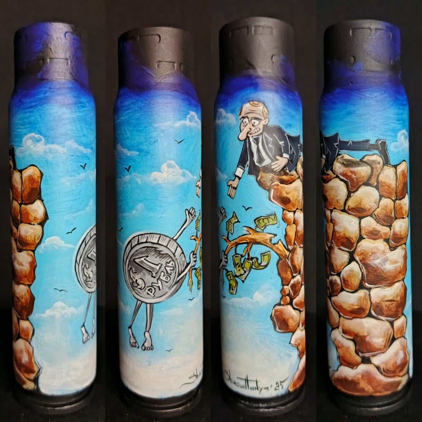 Russian ruble collapsing painted on 30mm shell by artist Tetana
