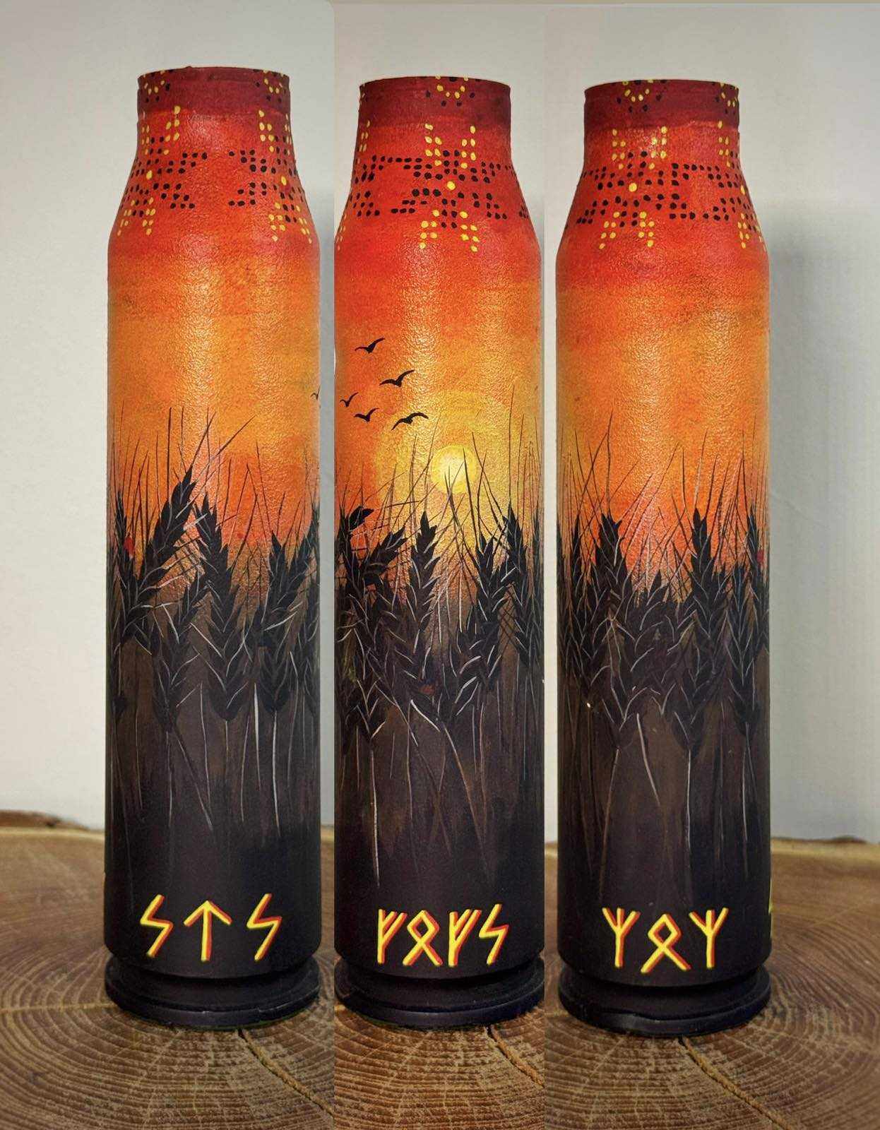 Sunset wheat field with runic protection painted on Gepard shell