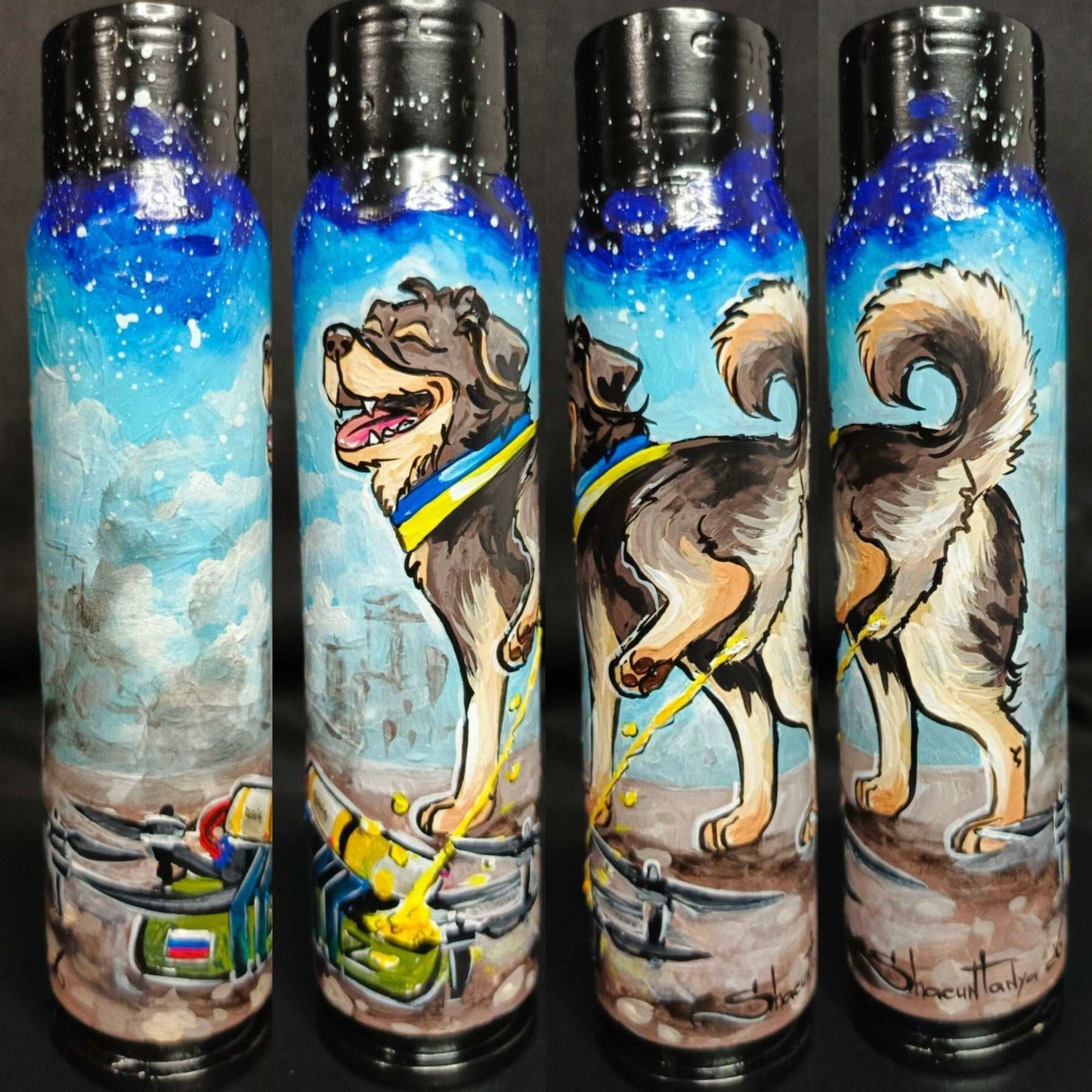 Ukrainian dog pissing on Russian drone painted on 30mm shell by artist Tetana