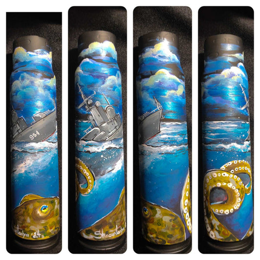 Ukrainian octopus dragging Ivanovets underwater drawn on 30mm shell by Tanya Shacun