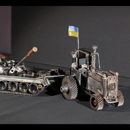 Ukrainian tractor pulling a Russian tank artwork by Hisoshi Art Studio