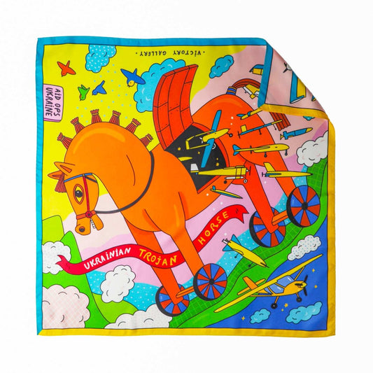 Ukrainian Trojan Horse design double-sided Mulberry silk scarf 66x66cm