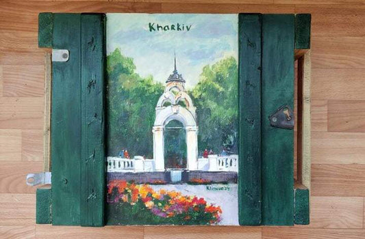 Kharkiv ammunition box artwork 34x47x13.5cm by Marharyta Klimova with Kharkiv scenes inside and outside