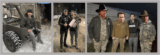 Collage showing Preston x UAO campaign: man in green jacket sitting on military vehicle, two men outdoors holding gift box, and four men including one in "PRESS" vest and others in camouflage military uniforms.