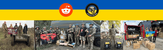 UAO volunteers unloading anti-drone camouflage nets for Ukrainian defenders at Reddit Power for Ukraine fundraiser campaign banner